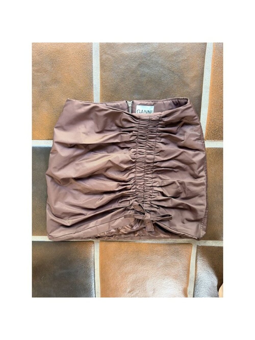 Ganni Ruched Recycled Nylon Mini Skirt - Brown - Size 36